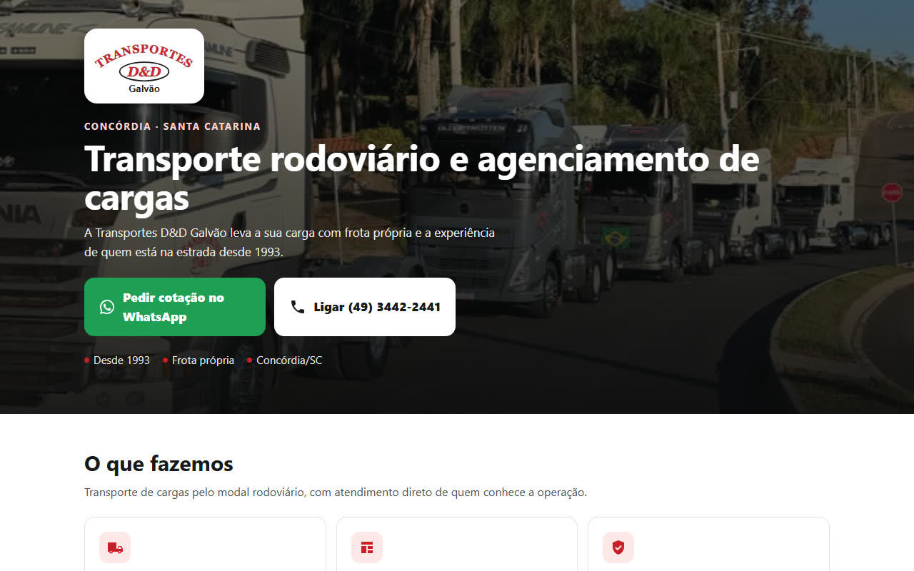 Transportes D&D Galvão: página de contato para transportadora